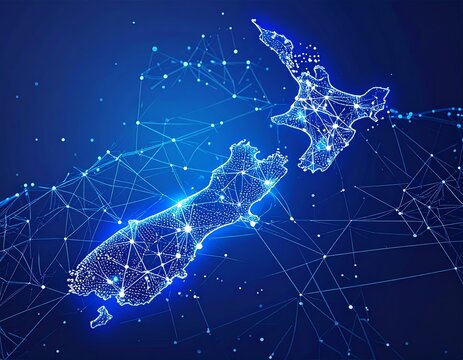 A glowing, interconnected map of New Zealand shines with digital connections, symbolizing technology and national unity. The image captures innovation, connectivity, and futuristic design.