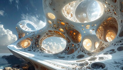 Organic architecture Abstract, white porous structure under a bright blue sky, coastal landscape in background