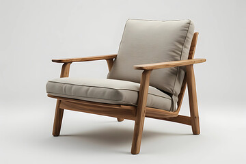 A comfortable mid-century modern armchair with a natural wood frame and soft beige cushions, photographed in a studio setting against a seamless white background for product isolation and design use.