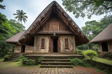 An ancient, traditional dwelling with an ornate wooden facade and large thatched roof, standing on a stone base amidst a lush tropical forest, showcasing indigenous architecture and cultural heritage.