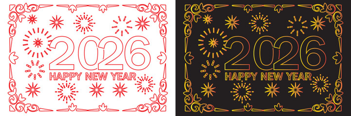 Happy 2026 New Year decorative vector icons A set of 2026 designs featuring bold numerals, festive ornaments, and contrasting light–dark color themes for celebration graphicsEPS10/AI.
