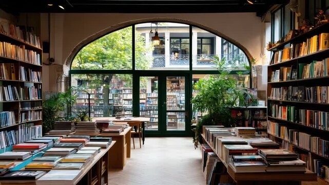 Cozy independent bookstore interior with wooden tables bookshelf arched window leafy plants wooden