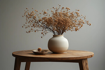 Minimalist still life of a round beige vase holding delicate dried flowers, placed on a warm wooden table against a subtle gray background, embodying calm and modern natural decor.