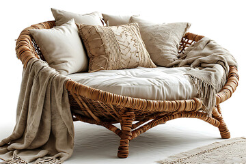Cozy, round rattan lounge chair filled with soft beige cushions and throw pillows, draped with a fringed blanket, emphasizing a bohemian and natural home furniture aesthetic, isolated on white.