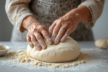 Close-up of an elderly woman's hands skillfully kneading bread dough on a floured counter, conveying the timeless tradition and love of home baking and artisan craftsmanship.