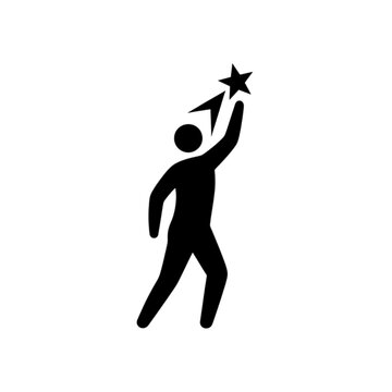 A clean minimalist vector image of a black silhouette figure stretching upward to touch a bright star, representing the pursuit of excellence and high goals