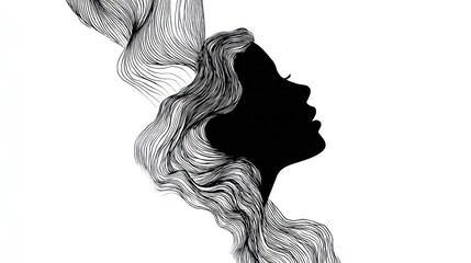Profile of a woman's face in black silhouette with flowing hair, artistically drawn with lines