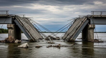 Collapsed roadway section dramatically plunges into murky water beneath concrete bridge supports