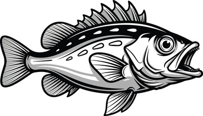 Detailed monochrome illustration of a largemouth bass fish with open mouth.