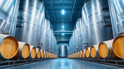 Rows of gleaming stainless steel fermentation tanks stand tall in a modern winery