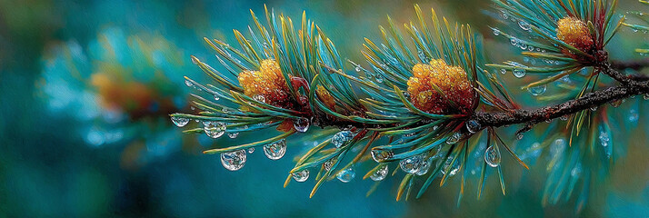 Vibrant evergreen pine needles glistening with fresh morning dew droplets, captured in a serene close-up reflecting the cool tranquility of nature's beauty
