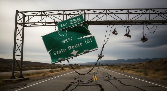 Damaged highway directional sign hangs precariously over a cracked asphalt road leading into a desolate landscape under a stormy sky.