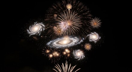 Explosive display of fireworks intertwined with galaxy visuals against a dark sky