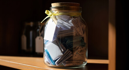 Clear glass jar filled with folded paper notes on shelf. Gold ribbon tied around neck and small tags visible inside. New Year memory jar filled with notes, warm light, cozy mood