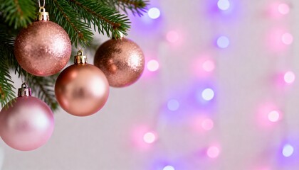 Fototapeta premium Festive Christmas banner with decorated tree branch on the left and blurred bokeh background with copy space. Close-up of hanging ornaments for New Year holiday design.