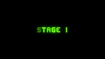 Retro arcade text "STAGE 1" pixel animation for level introduction