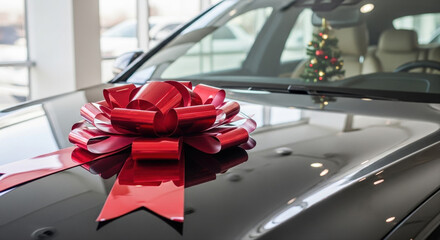 Red bow on car hood in showroom lighting. Small Christmas tree on dashboard visible through windshield. Christmas Car Dealership Showroom, Decorated, Red Bow, Festive Mood