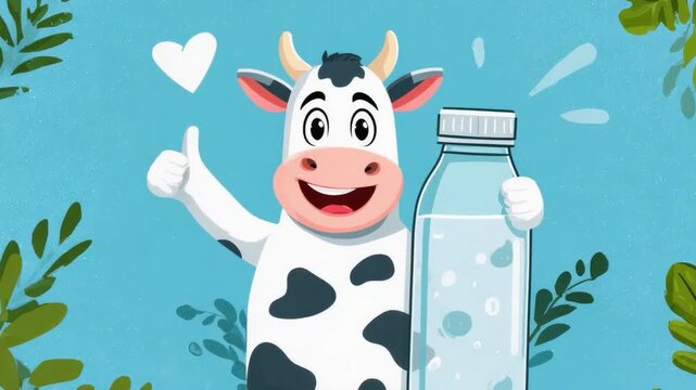 Happy cow and milk in bottle: a cheerful cow mascot, brimming with positivity and wholesome goodness, proudly presents a bottle of fresh milk against a backdrop of vibrant, organic elements.