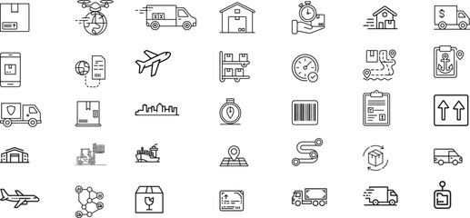 Logistics and Delivery Line Icons Set – Shipping, Warehouse, Transportation, Cargo Tracking, Supply Chain & Courier Services Symbols