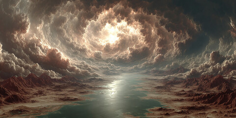 Dramatic otherworldly landscape with a swirling vortex of storm clouds and a bright celestial light reflecting on a tranquil river