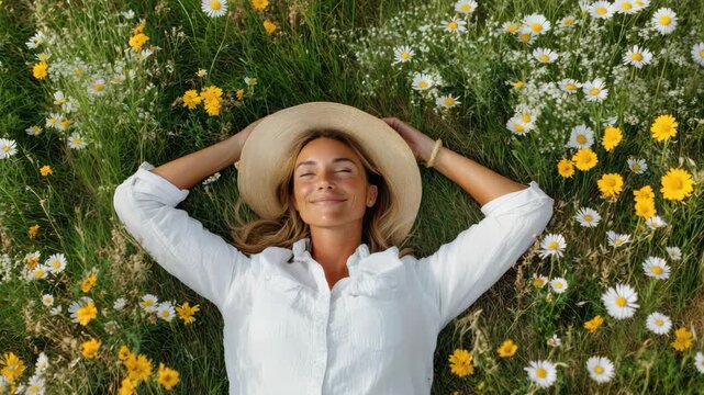 Young woman relaxed lying wildflower meadow with sunhat smiling peacefully among daisy yellow