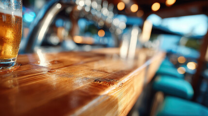Oblique view of wooden bar counter and beer glass with stools in bright outdoor setting