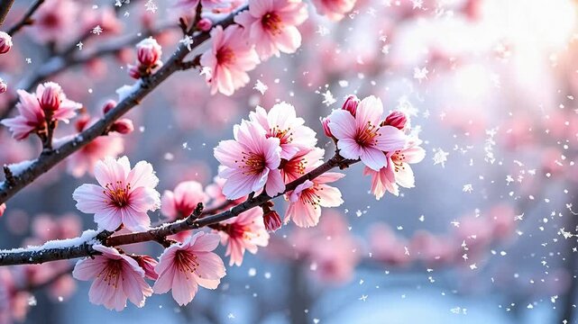 Pink cherry blossoms with snow