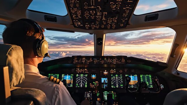 Airline captain at the cockpit controls of a modern passenger jet, navigating above clouds during a scenic sunset, showcasing professional aviation, technology and travel