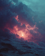 Epic fantasy skyscape with a glowing red sun piercing through chaotic storm clouds above a restless sea