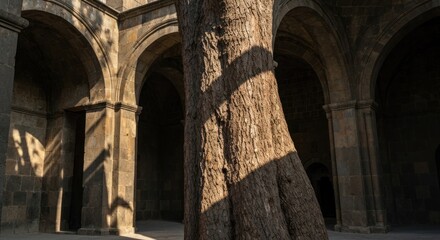 Obraz premium A grand stone arched hall with a large tree trunk illuminated by sunlight