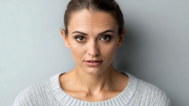 Young woman gray sweater portrait worried pleading expression brown eyes covering face with hands