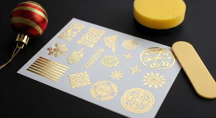 Sheet of gold temporary tattoos on black surface. Small Christmas ornament and applicator sponge nearby. Party temporary tattoos, glitter gold designs, festive black backgroun
