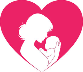 Mother lovingly cradles baby within a heart symbolizing maternal affection and care.