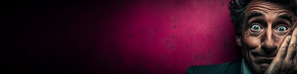 Fototapeta premium A man exaggerated, shocked expression peeks from the side, radiating humor, surprise, and playful drama. The image captures comedy, emotion, and quirky fun.