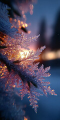 Delicate frosted branches sparkling under a warm, golden glow in the serene winter twilight, creating an enchanting scene of natural beauty and magical cold illumination