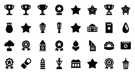 Collection of black silhouette icons representing awards achievements and symbolic objects