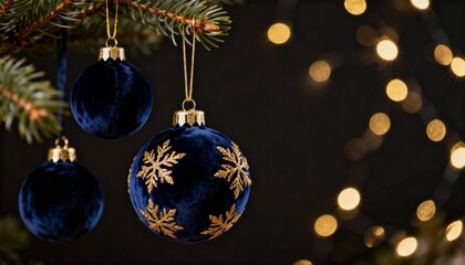 Festive Christmas banner with decorated tree branch on the left and blurred bokeh background with copy space. Close-up of hanging ornaments for New Year holiday design.