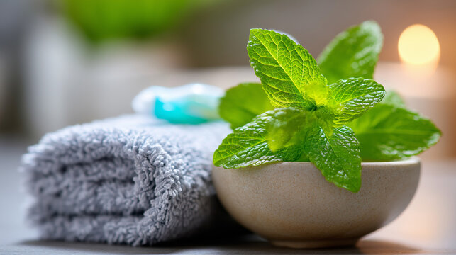 Bathroom sink with mint toothpaste, gentle scrub, towel neatly folded, fresh start symbolism, with copy space
