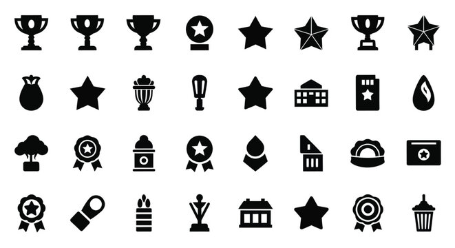 Collection of black silhouette icons representing awards achievements and symbolic objects - Powered by Adobe