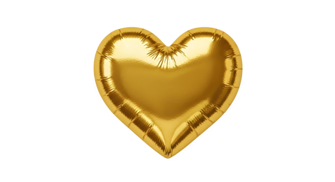 Shiny golden heart shaped balloon reflecting light isolated on transparent background