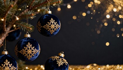 Festive Christmas banner with decorated tree branch on the left and blurred bokeh background with copy space. Close-up of hanging ornaments for New Year holiday design.
