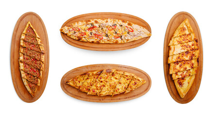 Variety of Turkish pide served on wooden trays in a casual dining setting