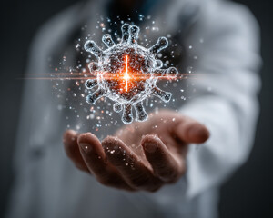 Medical Innovation Doctor Holding Holographic Virus Model, Representing Research and Cure