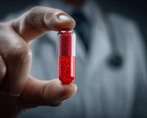 A medical professional holds a potent red capsule, symbolizing essential treatment, health solutions, and the impact of modern pharmaceutical care on well-being