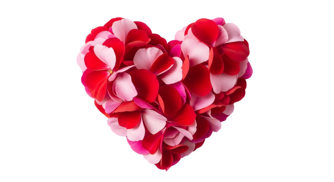 Heart shape formed from red and white rose petals isolated on transparent background