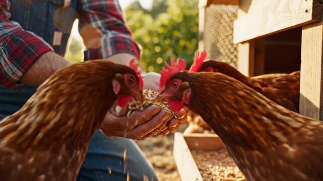 Experienced farmer with cupped hands full of grain feeding his brown hens near the chicken coop at sunset. Organic farming and sustainable poultry business in a natural environment