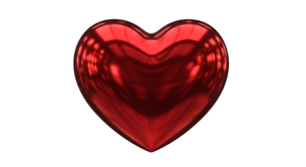Shiny red metallic heart shape with reflections isolated on transparent background