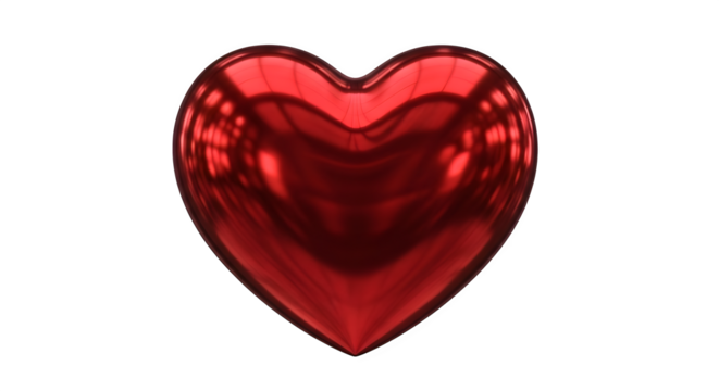 Shiny red metallic heart shape with reflections isolated on transparent background