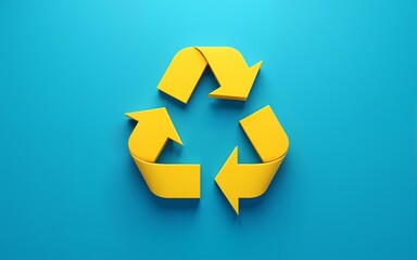 BBlue and yellow recycling symbol on blue background - hyper-realistic sustainable fashion concept for eco-friendly promotion. High quality