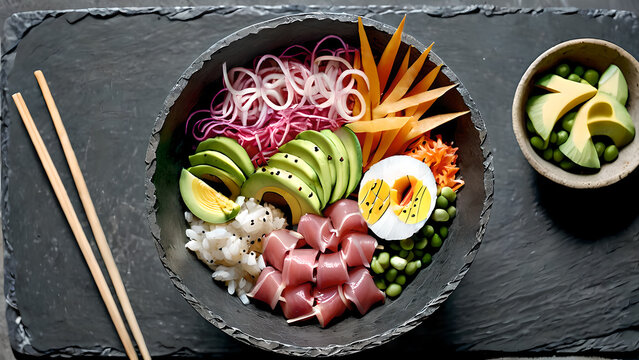 Delicious tuna poke bowl recipe with avocado and vegetables for a healthy meal preparation idea